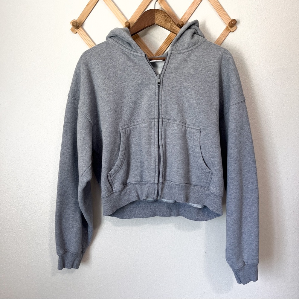 Aritzia TNA Cozy AF grey Cropped Zip Up Hoodie Size Large